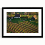 Black barn frame showcasing a landscape artwork with a mat, highlighting intricate details and textures, ideal for home decor or gallery display.