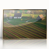 Framed acrylic artwork showcasing a stunning landscape of a barn, featuring rich gold tones and intricate details, perfect for rustic home decor.