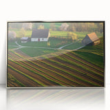 Framed acrylic artwork depicting a serene landscape scene with a rustic barn, showcasing vibrant colors and intricate details, ideal for home decor enhancement.