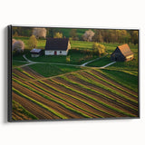 Landscape barn canvas print framed in black, showcasing a rustic design with rich colors and textures, ideal for home decor and enhancing country-themed interiors.