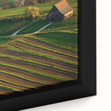Close-up of a landscape barn-themed framed canvas print showcasing rich colors and intricate details, ideal for rustic home decor or art enthusiasts.