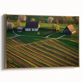 Landscape barn framed canvas art showcasing a rustic scene with warm gold tones, perfect for enhancing home decor. Ideal for country-inspired interiors.