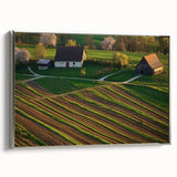 Landscape canvas print showcasing a rustic barn scene with a silver frame, highlighting intricate details and warm colors, perfect for home decor enthusiasts.