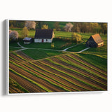 Landscape canvas print of a rustic barn framed in white, showcasing detailed textures and warm earth tones, perfect for home decor or farmhouse styling.