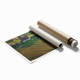 Rolled landscape print featuring a rustic barn scene with vibrant colors and detailed textures, securely packaged in a protective cardboard tube for easy transport.
