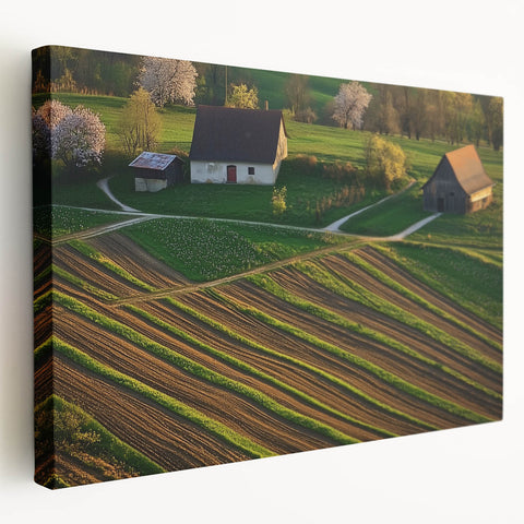 Landscape barn design on stretched canvas showcasing vibrant colors and intricate details, ideal for home decor, emphasizing rustic charm and artistic expression.