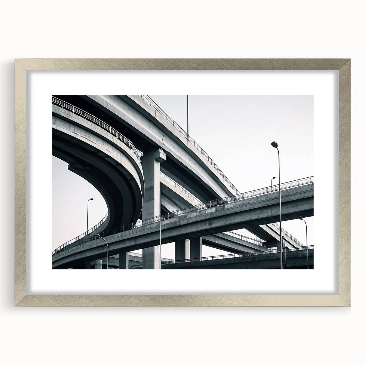 Silver landscape bridge frame with a white mat, showcasing a scenic view. Perfect for enhancing home decor, this elegant frame adds a modern touch to any wall.