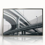 Framed acrylic artwork of a landscape bridge in silver tones, showcasing intricate details and reflections, ideal for modern home decor and art enthusiasts.