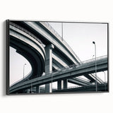 Framed canvas artwork showcasing a serene landscape bridge scene in black and white, with a contemporary design that enhances modern home decor aesthetics.