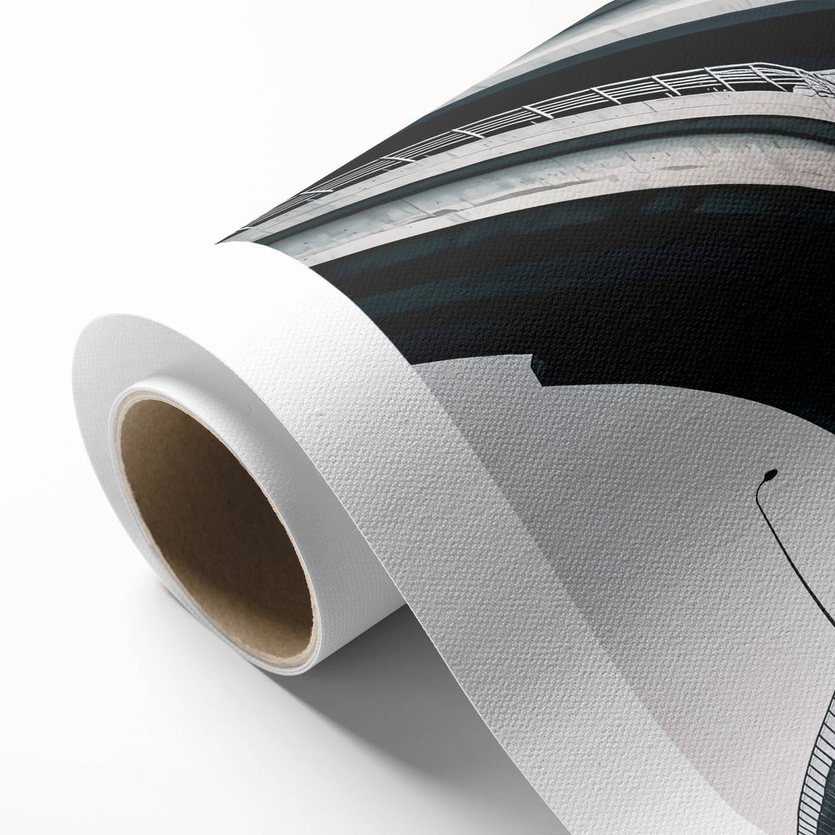 Rolled canvas showcasing a vibrant landscape bridge design, featuring rich colors and intricate details, securely packaged in a durable cardboard tube for easy shipping and display.