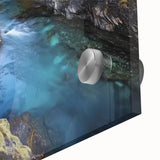 Close-up of an acrylic glass landscape artwork depicting vibrant canyons, showcasing intricate textures and colors, perfect for modern home decor.