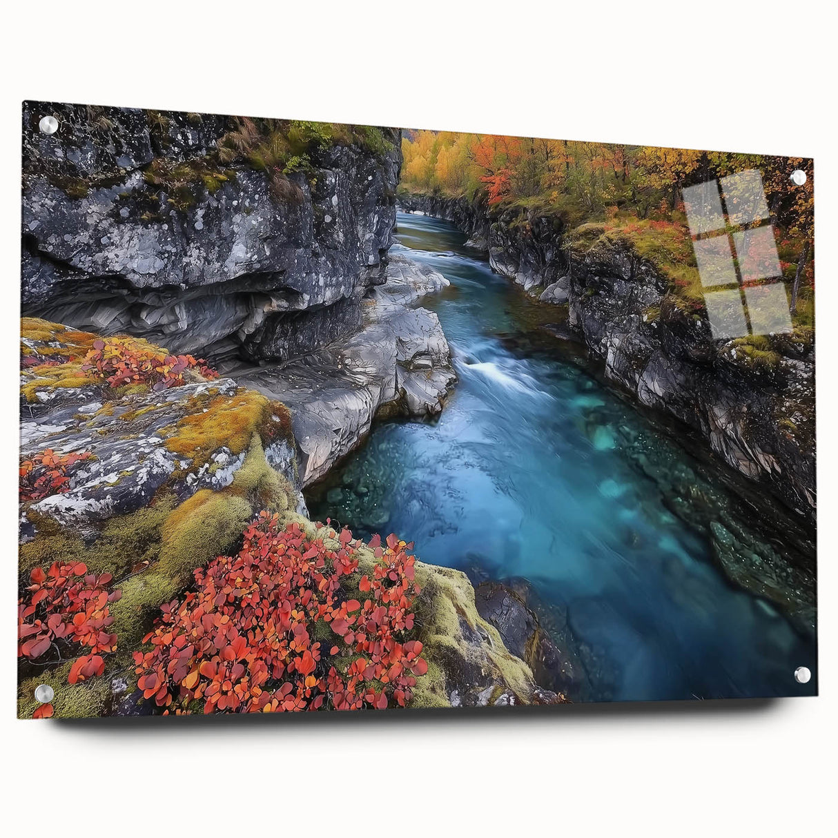 Acrylic landscape artwork showcasing a vibrant canyon scene, mounted with stylish pins, featuring rich earth tones and intricate details, ideal for home decor.