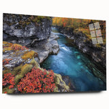 Acrylic wall art showcasing a vibrant landscape of canyons, designed with rich colors and intricate details, ideal for modern home decor. Side view highlights the sleek glass finish, enhancing its visual appeal.