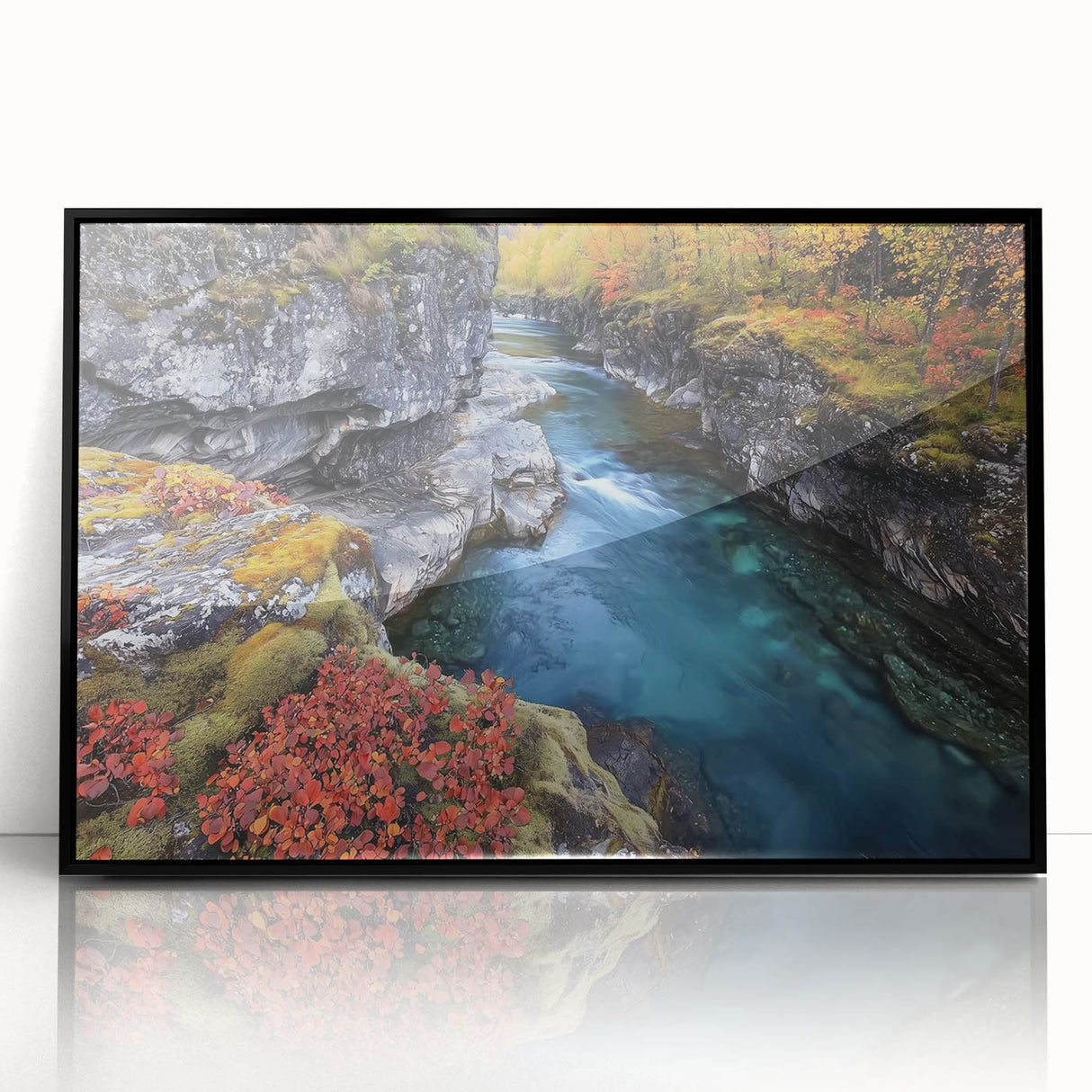 Framed acrylic artwork showcasing a scenic landscape of canyons with rich earthy tones and intricate details, perfect for home decor or office spaces.