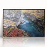 Framed acrylic artwork depicting a vibrant landscape of canyons in rich gold tones, perfect for modern home decor. Ideal for enhancing living spaces with natural beauty.