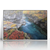 Framed acrylic artwork depicting a stunning landscape of canyons, featuring vibrant colors and intricate details, perfect for modern home decor.