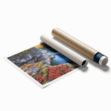 Vibrant landscape print showcasing colorful canyons in rich hues of orange and blue, rolled and ready for framing, ideal for enhancing home decor.