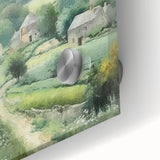 Close-up of a vibrant countryside landscape wall art piece, showcasing rich greens and blues with acrylic and glass finish, perfect for home decor.