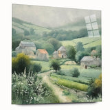 Landscape wall art showcasing a serene countryside scene with rolling hills and a vibrant sunset, displayed in an elegant acrylic glass frame, highlighting colors and textures.