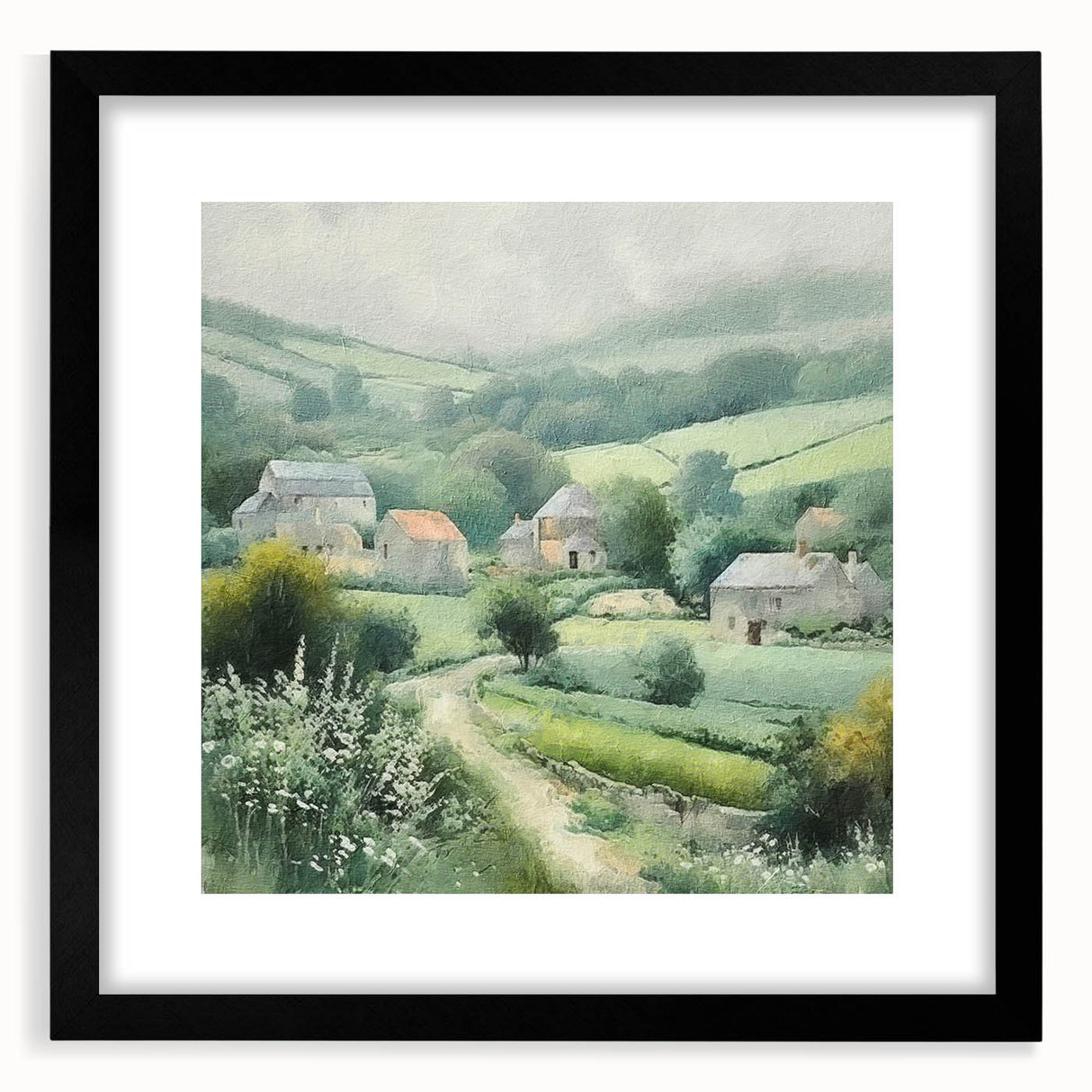 Landscape wall art depicting a serene countryside scene, framed in black with a mat, showcasing vibrant colors and intricate details, perfect for home decor.