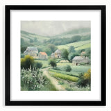 Landscape wall art depicting a serene countryside scene, framed in black with a mat, showcasing vibrant colors and intricate details, perfect for home decor.