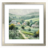 Framed landscape wall art depicting a serene countryside scene, featuring a silver mat and frame, ideal for enhancing home decor with a touch of nature's beauty.