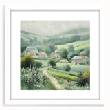 Landscape wall art featuring a picturesque countryside scene, framed with a white mat, ideal for home decor. The artwork showcases vibrant greens and blues, enhancing any living space.