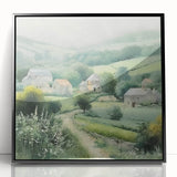 Framed landscape wall art depicting a serene countryside scene with vibrant greenery and a clear sky, featuring a sleek black frame for a modern touch. Perfect for home decor enthusiasts seeking to add a tranquil vibe to their living spaces.