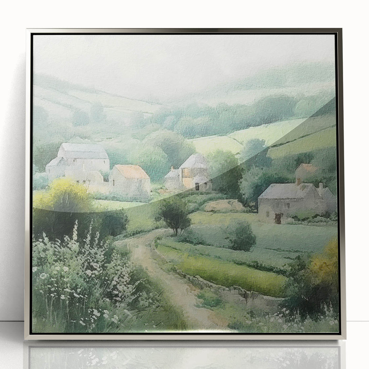Framed acrylic wall art showcasing a serene countryside landscape, featuring lush green fields and a clear blue sky, designed to enhance home decor with elegance.