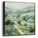 Framed landscape wall art depicting a serene countryside scene with green fields and blue skies, showcasing a black frame from a side view, perfect for home decor.