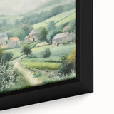 Framed canvas wall art depicting a serene countryside landscape with vibrant greenery and soft blue skies, showcasing detailed brushwork and a tranquil ambiance.