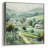 Framed canvas wall art depicting a serene countryside landscape with vibrant green fields and a soft blue sky, featuring a sleek silver frame, perfect for home decor.