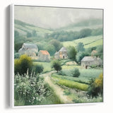 Framed landscape wall art depicting a serene countryside scene with lush green fields and distant mountains, showcased from a side view against a white background.