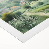 Vibrant landscape wall art canvas showcasing a serene countryside scene with rolling hills and lush greenery, elegantly rolled for easy display and shipping.