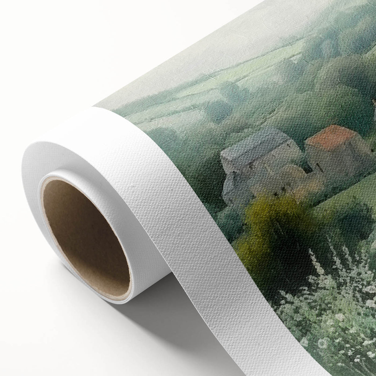 Rolled canvas print showcasing a vibrant landscape countryside scene with lush greenery and a clear blue sky, perfect for home decor and artistic ambiance.