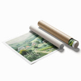 Landscape wall art print depicting a serene countryside scene with rolling hills and vibrant greenery, rolled and ready for display in a home or office setting.