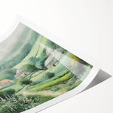 Rolled landscape countryside wall art print showcasing serene green hills under a blue sky, perfect for adding a tranquil touch to home decor.