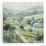 Stretched canvas wall art depicting a serene countryside landscape with rolling hills, vibrant greenery, and a clear blue sky, perfect for home decor.