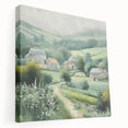 Landscape canvas wall art depicting a serene countryside scene with rolling hills, vibrant green fields, and a clear blue sky, ideal for home decor.