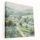 Landscape canvas wall art depicting a serene countryside scene with rolling hills, vibrant green fields, and a clear blue sky, ideal for home decor.