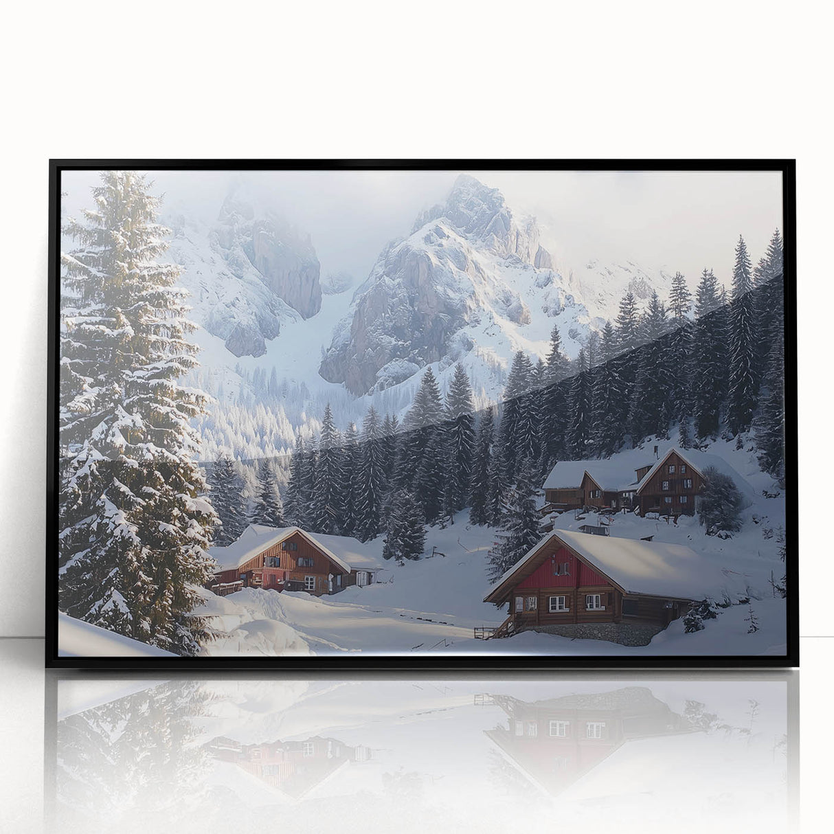 Framed acrylic artwork showcasing a serene countryside landscape with lush green fields and a clear blue sky, highlighted by a sleek black frame for an elegant display.
