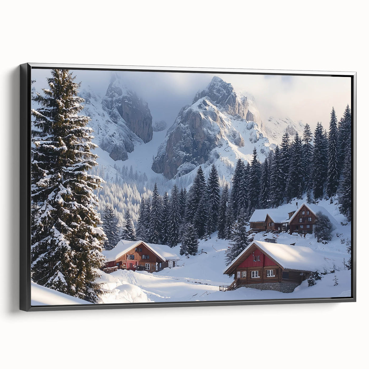 Framed canvas artwork depicting a serene countryside landscape with rolling hills and lush greenery, presented in a sleek black frame, ideal for home decor.