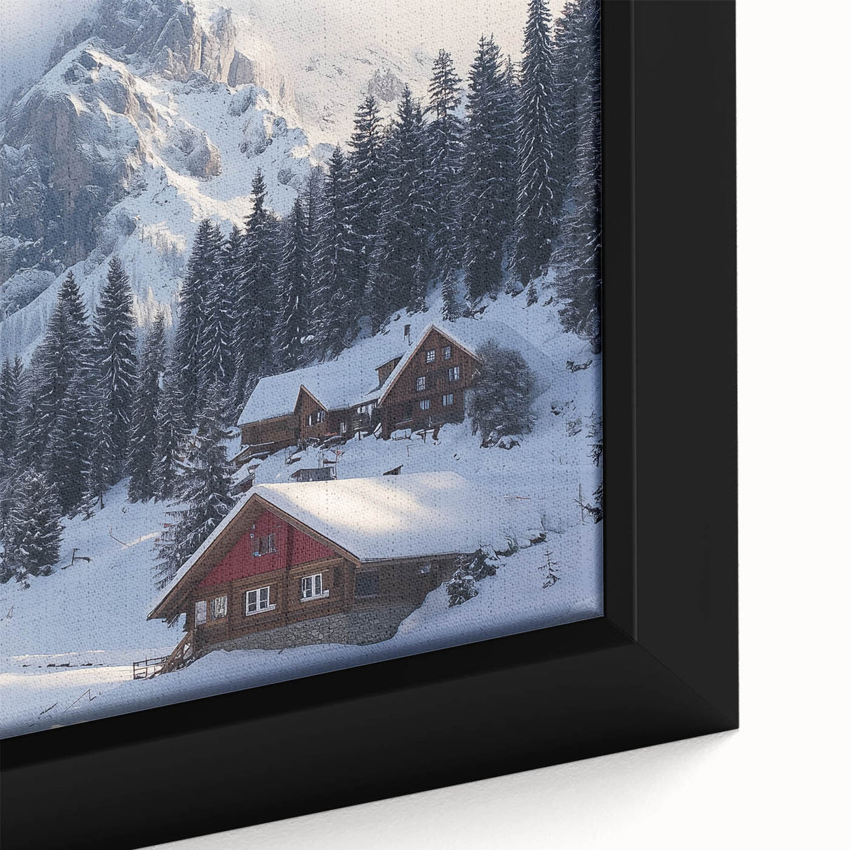 Close-up of a beautifully framed canvas print depicting a serene countryside landscape, showcasing vibrant green fields and a tranquil blue sky, ideal for home decor.