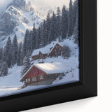 Close-up of a beautifully framed canvas print depicting a serene countryside landscape, showcasing vibrant green fields and a tranquil blue sky, ideal for home decor.