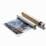 Rolled landscape print showcasing a serene countryside scene with lush greenery and rolling hills, elegantly packaged in a protective cardboard tube for easy display.