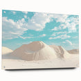 Acrylic glass artwork showcasing a stunning desert landscape in vibrant colors, presented in a side view with decorative pins, perfect for enhancing any modern decor.