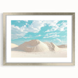 Desert landscape artwork framed in elegant silver, enhanced with a white mat, showcasing vibrant colors and intricate details, perfect for home decor.