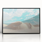 Framed black acrylic wall art depicting a vibrant desert landscape, showcasing warm earth tones and intricate details, ideal for modern home decor.