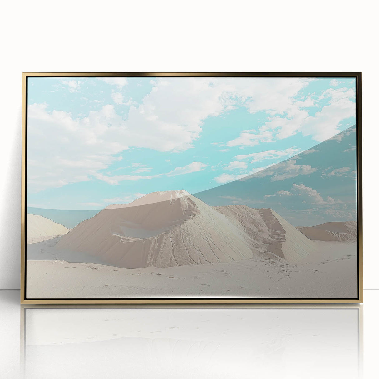 Framed acrylic artwork depicting a vibrant desert landscape with warm gold accents, perfect for modern home decor. Ideal for desert-themed interiors.