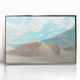 Framed acrylic artwork depicting a serene desert landscape in soft earth tones, ideal for modern home decor, showcasing natural beauty and tranquility.